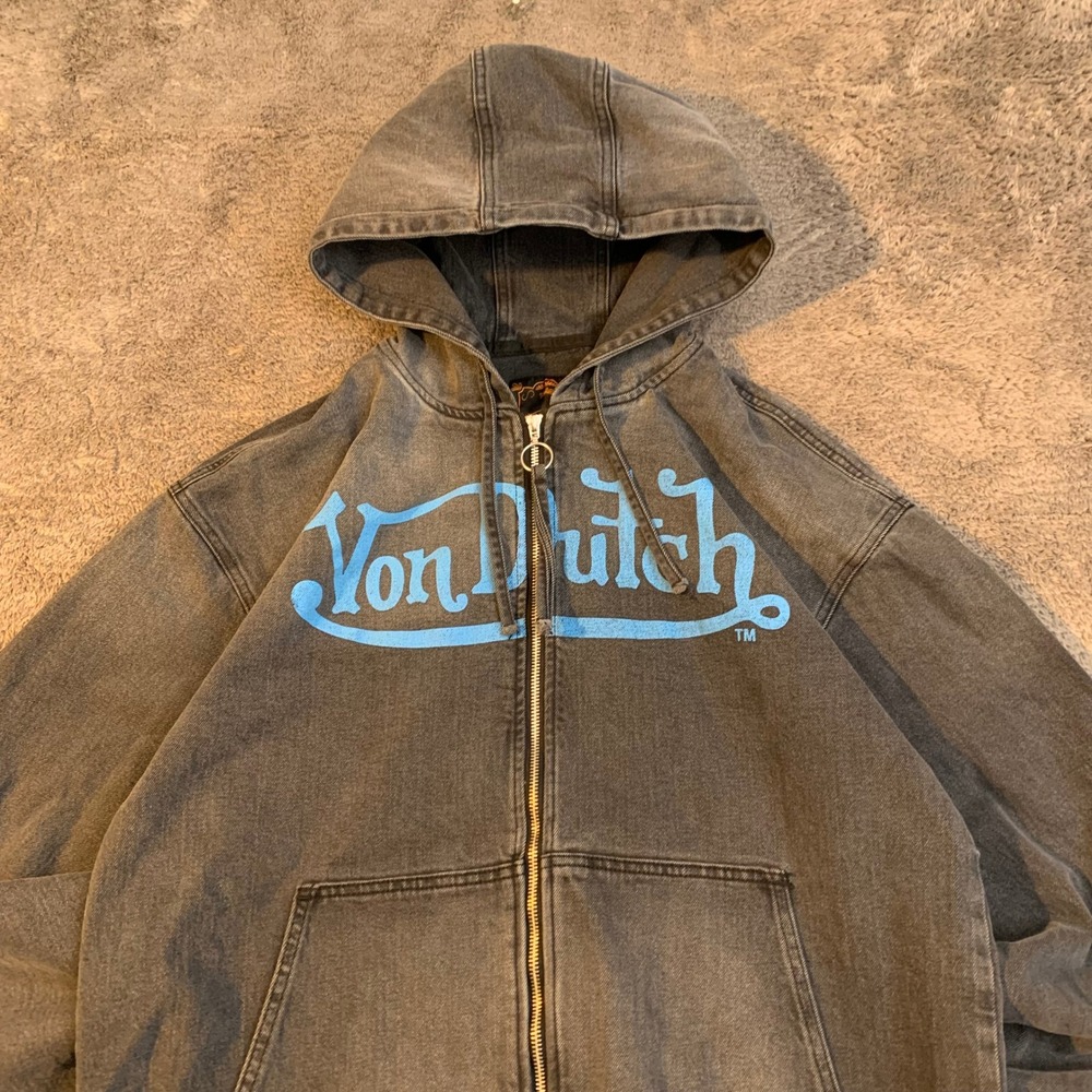 Von Dutch Originals Black Denim Zip Up Hoodie/Jacket + Logo Patches Large NEW‎